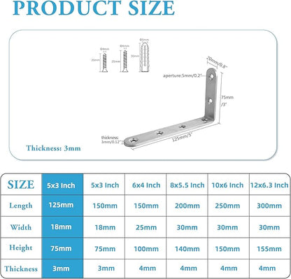 Alise 12 Pcs Floating Shelf Brackets,Heavy Duty L Bracket Corner Brace,5'' x 3'' Stainless Steel Corner Joint Angle Bracket for Hanging Support Shelves Support DIY,Brushed Finish