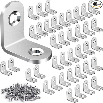 40PCS L Bracket Corner Brace Sets, Stainless Steel L Brackets for Wood Shelves, 90 Degree Right Angle Bracket with 80 Screws, Metal Corner Brackets for Furniture Cabinet Drawer Chair (0.79 x 0.79 in)