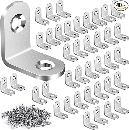40PCS L Bracket Corner Brace Sets, Stainless Steel L Brackets for Wood Shelves, 90 Degree Right Angle Bracket with 80 Screws, Metal Corner Brackets for Furniture Cabinet Drawer Chair (0.79 x 0.79 in)