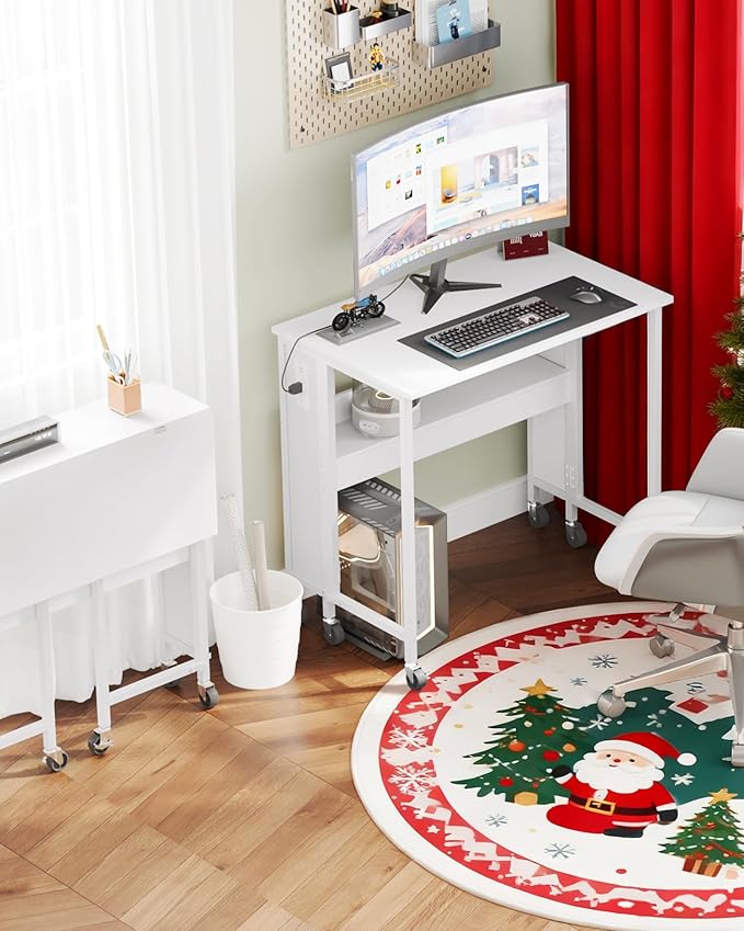 31.5" Modern White Folding Computer Desk with Power Outlets, Wheels, Storage, Perfect for Small Spaces White TDN01UWB