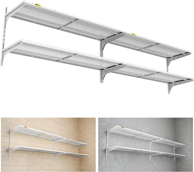 2-Pack 2 Tier 1.3x4ft Garage Shelving Wall Mounted, 15.6x48inch per Shelf Height Cassette Adjustable Floating Shelves(White)