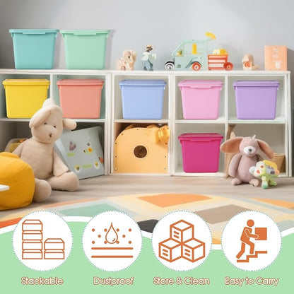 8 Pack Cute Plastic Storage Bins with Lids Decorative Stackable Storage Boxes 9.8" ×7.3" ×5.7" Small Storing Totes for Organizing Craft Office Supplies (Mixed Color)