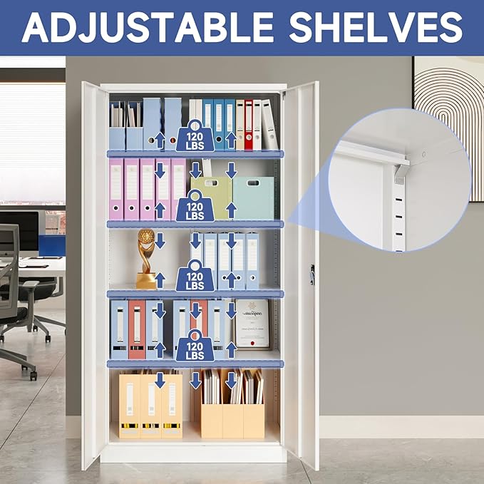 Metal Storage Cabinet with 2 Doors and 4 Adjustable Shelves, 71" Steel Garage Storage Cabinet, Locking Tool Cabinets for Office, Home,School,Kitchen,Garage Tool Utility Cabinet