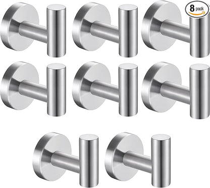 8 Pcs Silver Bathroom Towel Hook Robe Towel Hooks Coat Wall Hook Stainless Steel Heavy Duty Door Hanger Towel Robe Clothes Cabinet Closet Sponges Hook for Bathroom Bedroom Kitchen Hotel Pool