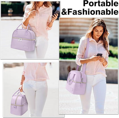 BALORAY Lunch Bag for Women Men, Double Deck Lunch Box for Adults, PU Leather Lunch Tote Bag Insulated Lunch Bags with Strap for Work Office Picnic(Purple with strap)