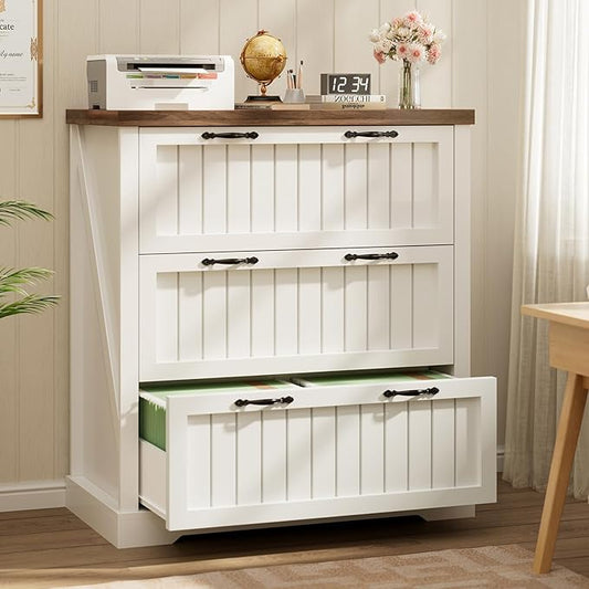 SEDETA 3 Drawer File Cabinet, Farmhouse Filing Cabinet for Home Office, Wood Office File Cabinets for Letter/Legal/A4 Size, Lateral File Cabinets with Printer Stand for Study Room, Living Room, White