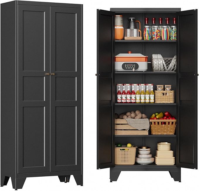 72" Tall Kitchen Cabinet Storage Unit With 2 Doors and 4 Adjustable Shelve, Metal Black Freestanding Cupboard, 5 Tier Kitchen Pantry Storage Cabinet for Kitchen Dining/Living Room/Garage/Home/Office
