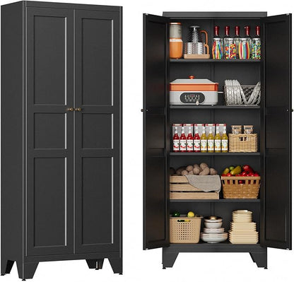72" Tall Kitchen Cabinet Storage Unit With 2 Doors and 4 Adjustable Shelve, Metal Black Freestanding Cupboard, 5 Tier Kitchen Pantry Storage Cabinet for Kitchen Dining/Living Room/Garage/Home/Office