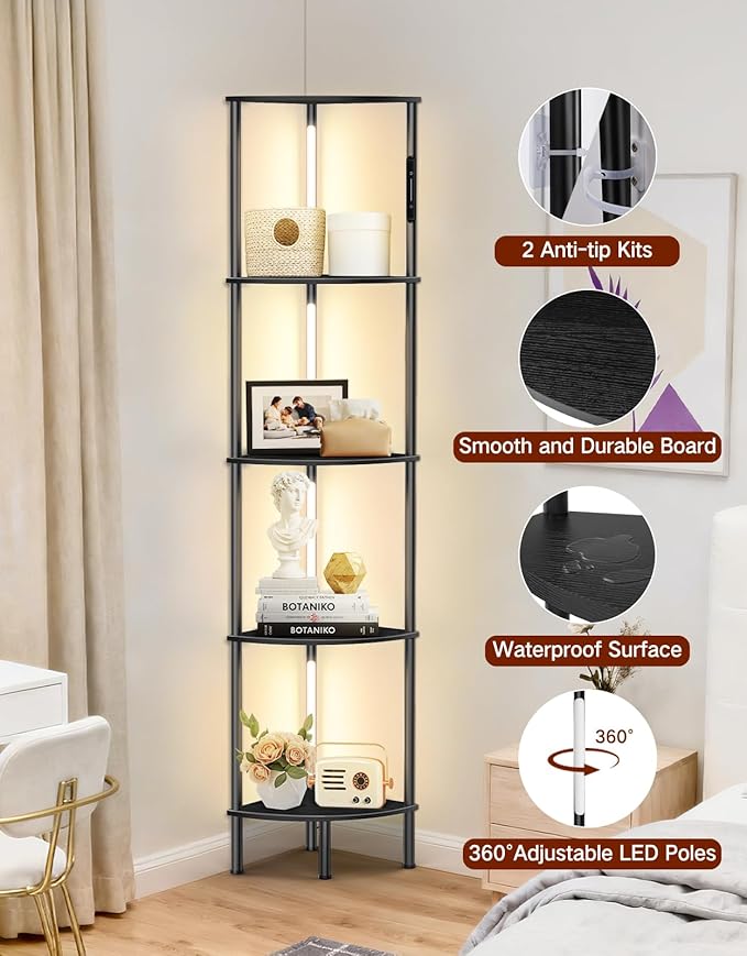5-Tier Corner Bookshelf with LED Lights, Touch & Remote Control, 3 Color Temperatures, Dimmable Narrow Display Shelf with 1-Hour Timer for Living Room, Bedroom, Office (Black)