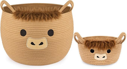 Highland Cute Cow Basket Set for Nursery, Woven Storage Cotton Rope Basket, Baby Blanket 0rganizer with Ears Handles, Blanket Towel Decor Toy Clothes Gifts Storage Cat Dog Bin, Pack of 2