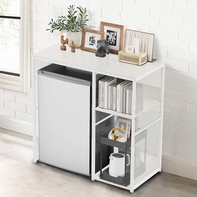 3-Tier Coffee Bar Cabinet with Mini Fridge Space, Simple Style Microwave Stand Bakers Rack, Utility Compact Refrigerator Storage Organizer for Home Kitchen Dorm, White