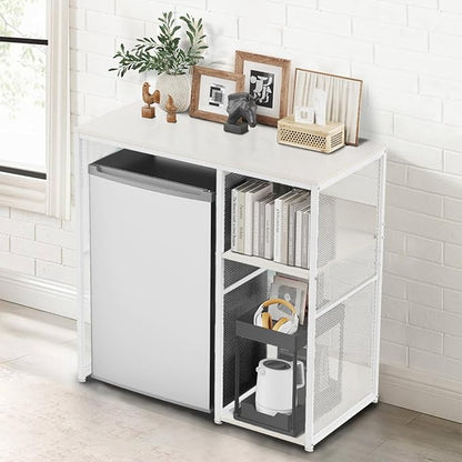 3-Tier Coffee Bar Cabinet with Mini Fridge Space, Simple Style Microwave Stand Bakers Rack, Utility Compact Refrigerator Storage Organizer for Home Kitchen Dorm, White