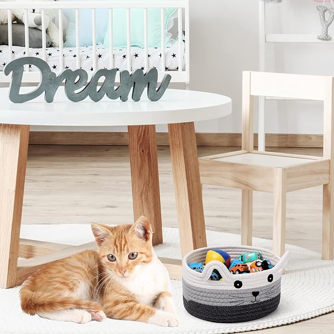 Zopeal Cat Basket Storage Woven Organizer with Ears Easter Decorative Gift Pet Toy Cute Cotton Rope Basket for Gift Cat Dog Toy Bin Nursery Room(8.3 x 4.7 Inch,White, Light Gray and Gray)