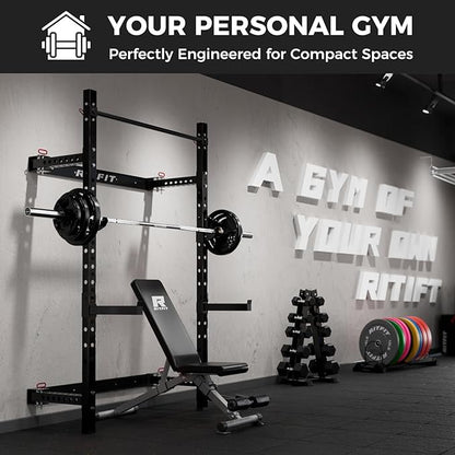RitFit 2.36'' x 2.36'' Folding Squat Rack for Home Gym, Wall Mounted Squat Rack with Attachments - Space Saving Squat Power Rack