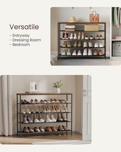 VASAGLE Shoe Rack, 5-Tier Shoe Storage Organizer for Entryway and Closet, Holds 20-24 Pairs of Shoes, 4 Fabric Shelves, Steel Frame, Industrial, Rustic Brown and Black ULBS136B01