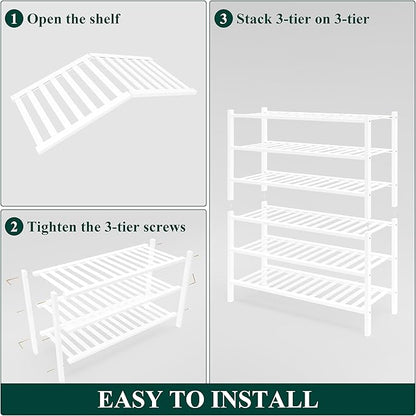 Smiry Bamboo Shoe Rack for Closet, 6 Tier Wooden Stackable Shoe Organizer, Free Standing Shoes Storage Shelf for Entryway, Front Door Entrance, White