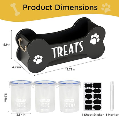 WGFKVAS Dog Treat Storage Containers, 3 Jar Countertop Organizer with Airtight Lids, Black Wooden Pet Food Dispenser for Dogs & Puppies, Perfect Food Storage Solution and Gift for Dog Owners