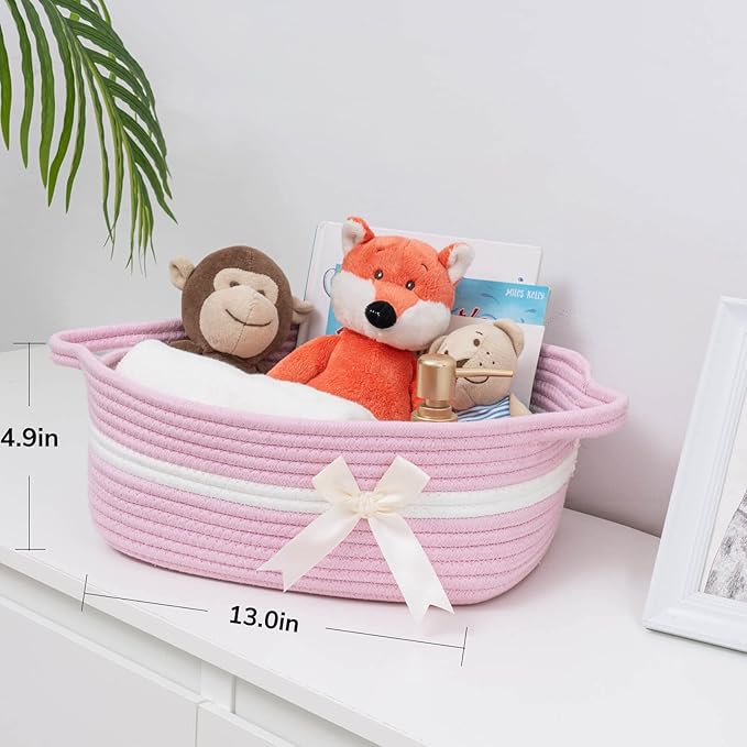 CHICVITA Pink Baby Girl Gift Basket, Small Woven Rope Basket, Rectangle Shelf Baskets for Bathroom, Cute Nursery Storage Baskets for Toys, Diapers, Towels, Snacks, 13 x 9.8 x 5 inches
