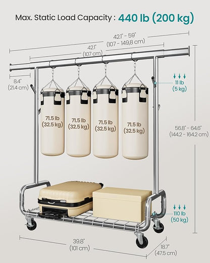 SONGMICS Clothes Rack, Heavy-Duty Rolling Clothing Garment Rack with Wheels, Extendable Hanging Rod and Adjustable Height, Portable, with Shelf and Hooks, Silver UHSR014E01