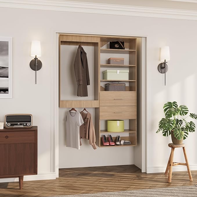 ROOMTEC Modular Closet System, 55" Wall Mounted Closet Organizer with Hanging Rods and Drawers, Wooden Tower for Walk-In Closets, Wardrobe Storage Kit, Wood
