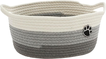 Woven Toy Storage Basket Bin Dog Toy Basket Foldable Cotton Rope Box Multipurpose Woven Case Portable Diaper Organizer Box for Toys Living Room Bathroom (Grey White)