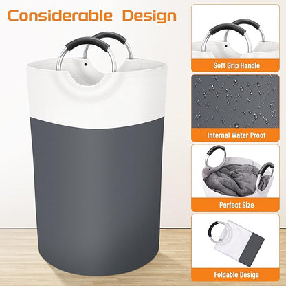 BlissTotes 75L Laundry Basket, Freestanding Laundry Hamper, Collapsible Dirty Clothes Hamper, Waterproof Fabric with Foam Protected Aluminum Handles for College, Dorm, Family (Gray)