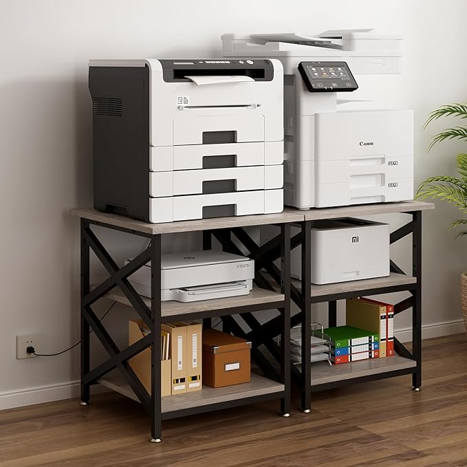 Large Printer Stand with Power Outlet, with Height Adjustable Storage Shelf, 3 Tier Rolling Printer Cart with Industrial Wheels, 23.6 x 23.6 Inches Printer Table for Home Office, Greige