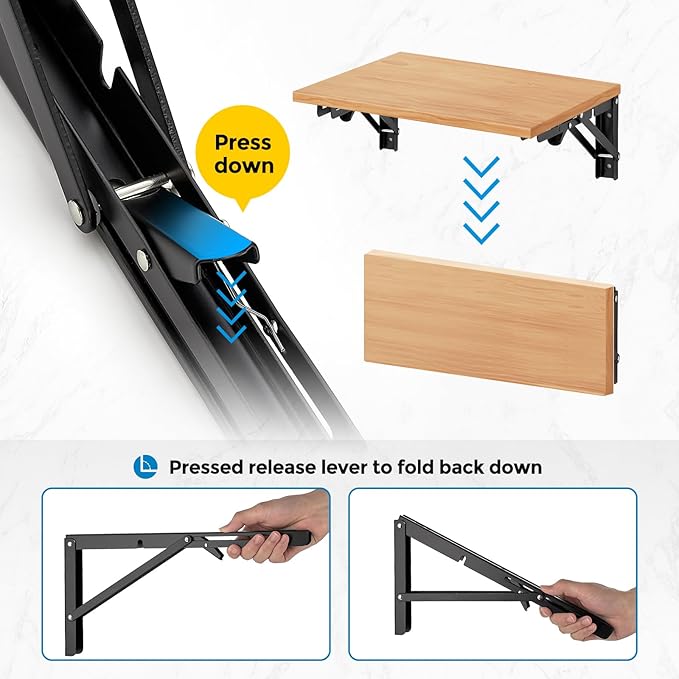Home Expert 20 Inch Folding Shelf Brackets, 6 Pack (3 Pairs) Heavy Duty Metal Collapsible Wall-Mounted Brackets, Space-Saving DIY Foldable Shelf for Benches and Tables, Matte Black