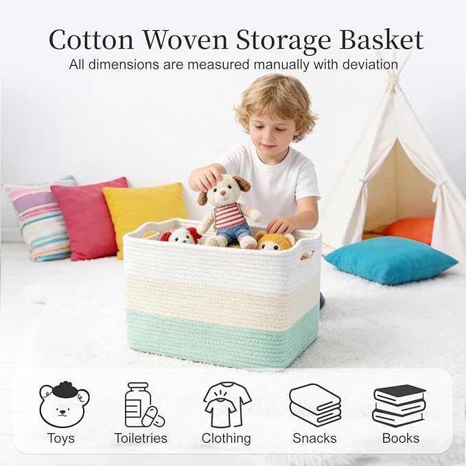Hopegiver 1 Pack Rainbow Woven Storage Baskets for Shelves, 15x11x10 Inch Cotton Rope Decorative Organizer Bins for Blanket Clothes Book Baby Pet, Colorful Toy Basket for Nursery, Kids Room, Playroom
