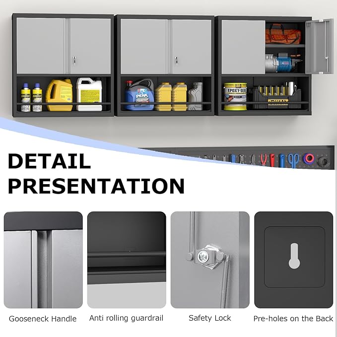 Metal Cabinet Wall Mounted, Garage Storage Cabinets with 2 Door & Adjustable Shelves, Steel Floating Hanging Storage Cabinet, Metal Storage Cabinet for Bathroom, Office, Warehouse