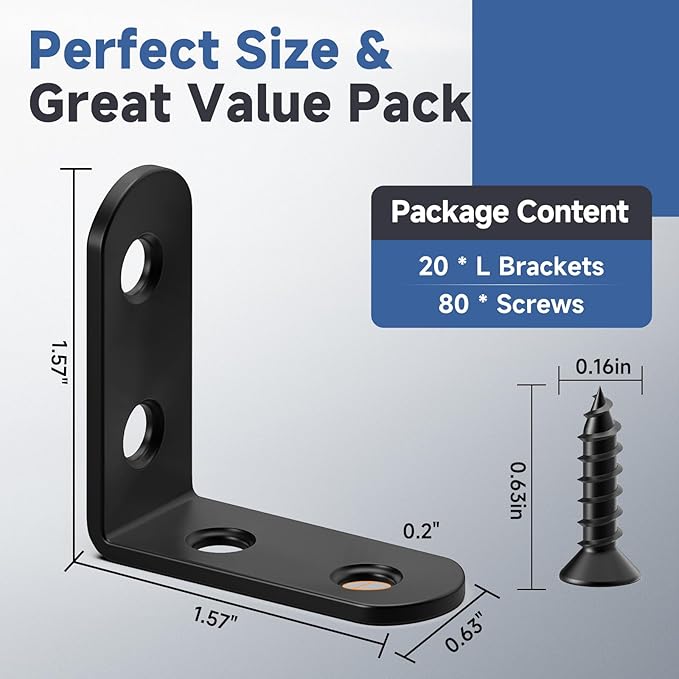 20PCS Black L Brackets, Stainless Steel Corner Brace for Wood & Metal, L Bracket Corner Brace with 80 Screws, Right Angle Bracket for Furniture Cabinet Drawer Shelves Chair (1.57 x 1.57 in)
