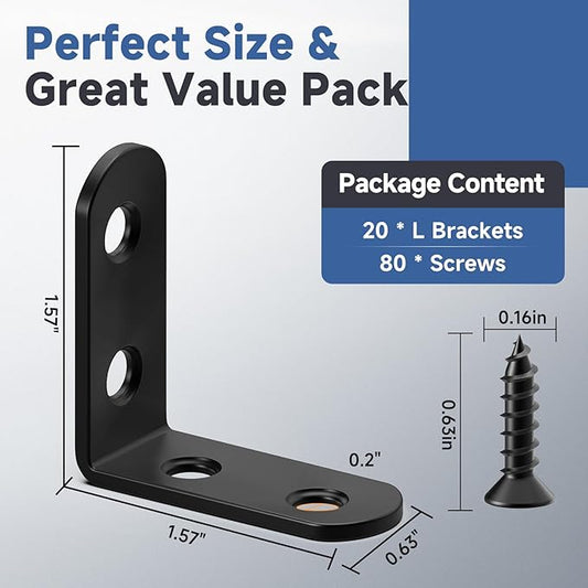 20PCS Black L Brackets, Stainless Steel Corner Brace for Wood & Metal, L Bracket Corner Brace with 80 Screws, Right Angle Bracket for Furniture Cabinet Drawer Shelves Chair (1.57 x 1.57 in)