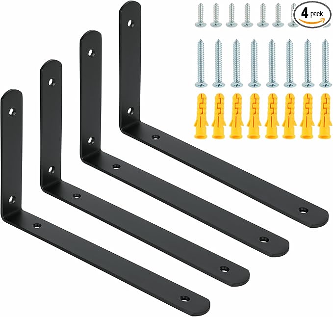 Alise Floating Shelf Brackets,Black Bracket for Shelves Heavy Duty L Wall Bracket Corner Brace,Stainless Steel Joint Angle Brackets for Wooden Board Hanging Support,10x6x1.2 Inch Upgraded(Pack of 4)