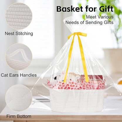 OIAHOMY Woven Basket, Gift Basket Empty with Gift Bags Ribbons and Wrap Tissue Paper, Rope Baskets for Baby Showers, Storage Baskets with Handles for Nursery, Pet Toy Organizer - Valentine's White