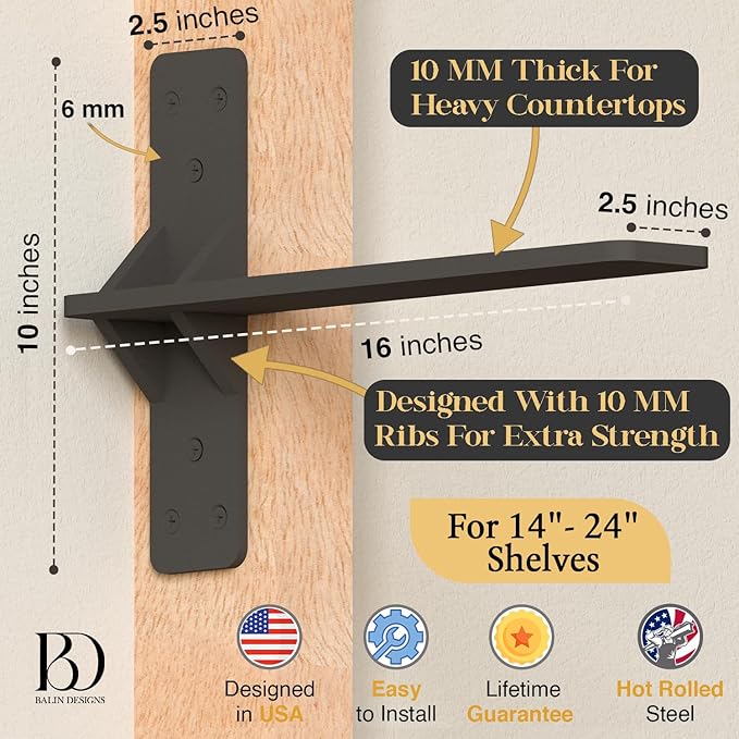 16 inch Floating Countertop Support Brackets by Balin Designs, Free hanging Floating Shelf Brackets Heavy Duty, Invisible Wall Shower Bench T Support for Vanities, Granite Countertops, (2 pack)