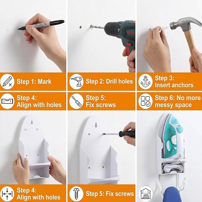 Ironing Board Hanger Wall Mount, Iron Hanger with Ironing Board Rack, Heat Resistant Iron Holder wall Mount for Max 5 Inch Width (White)