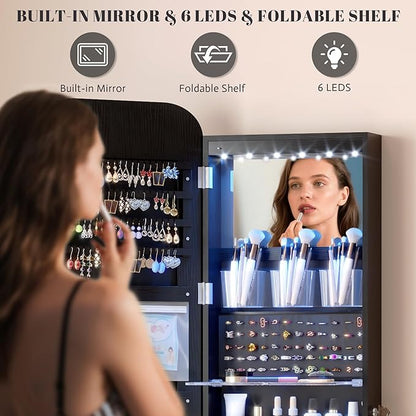 Vlsrka 6 LEDs Mirror Jewelry Cabinet Door Hanging, 47.2" Wall Mounted Jewelry Cabinet, Lockable Full Length Mirror with Storage, Rounded Corner Mirror Jewelry Organizer, 2 Drawers, Black
