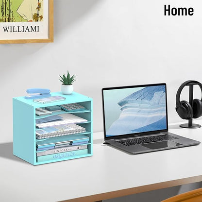 5-Tier Wood Desk Organizer, Paper Tray Organizer for Desk with Adjustable Storage Shelves, Desktop File Organization Paper Sorter Mail Holder for Office Home Classroom, Blue