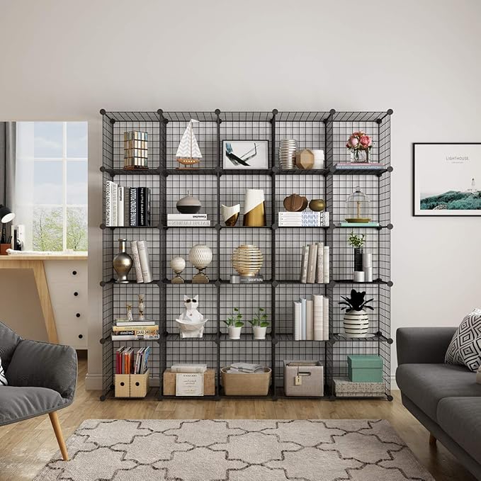 KOUSI DIY Wire Cube Storage, Modular Metal Shelf, Cubby Shelving, Stackable Grid Organizer, 25 Cube, Black
