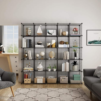 KOUSI DIY Wire Cube Storage, Modular Metal Shelf, Cubby Shelving, Stackable Grid Organizer, 25 Cube, Black