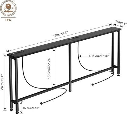 63" Sofa Table Narrow Long - 2 Power Outlets & 4 USB Ports, Metal Frame,Behind Couch Table Behind Sofa for Living Room, Hallway, Entrance- Easy Assembly, 4.9' Extension Cord Included.