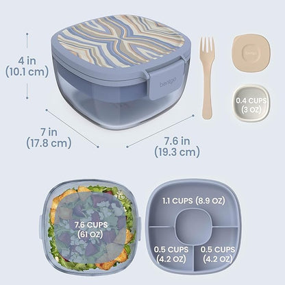 Bentgo Glass Prints Salad Container - 7.6-Cup Tinted Glass Salad Bowl with Airtight Lid, Leak-Proof Sauce Container, 4-Compartment Bento Meal Prep Tray & Reusable Fork (Wildly Chic - Soft Blue)
