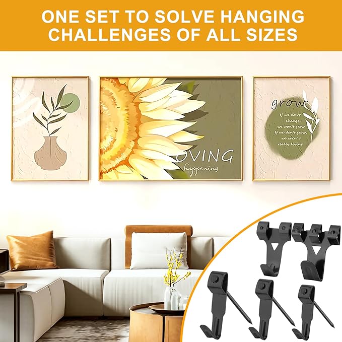 KURUI 303Pcs Picture Hangers for Wall Art Decor Tapestry, Picture Hanging Kit With Heavy Duty Wall Hooks, Sawtooth, Picture Wire, D Rings, Hardware Nails, Eye Hooks, Black Frame Hooks for Drywall Wood