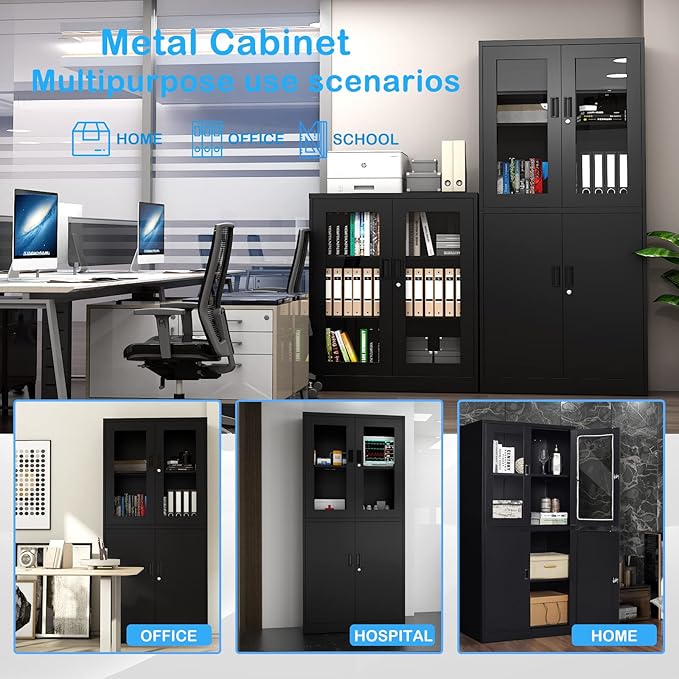 Letaya Storage Cabinet with Doors and Shelves,71" Steel Locker Acrylic Glass Door with Lock, for School Home Office