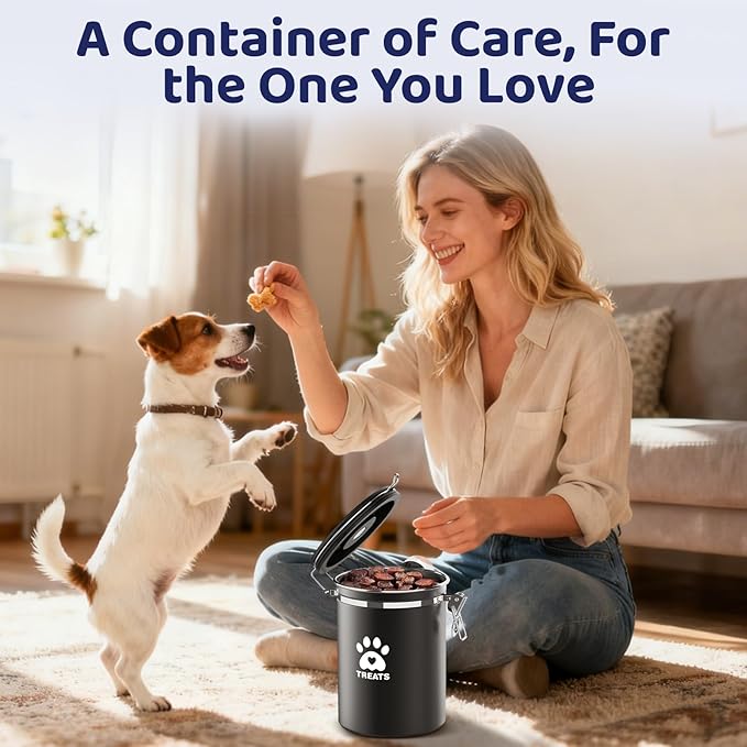Dog Treat Container Airtight- 7.2"x4.7" Large Stainless Steel Cat Treat Jar for Kitchen Counter with Scoop, Pet Storage for Fresh Dog Cookie