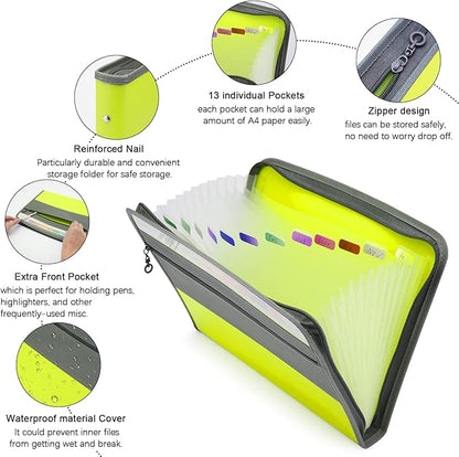 NAFY Expanding File Folder, 13 Pockets Document Organizer with Zipper, A4 Letter Size Portable Accordion Expanding File Folders with 27pcs Multicolor Labels for Home Office School Supplies (Green)