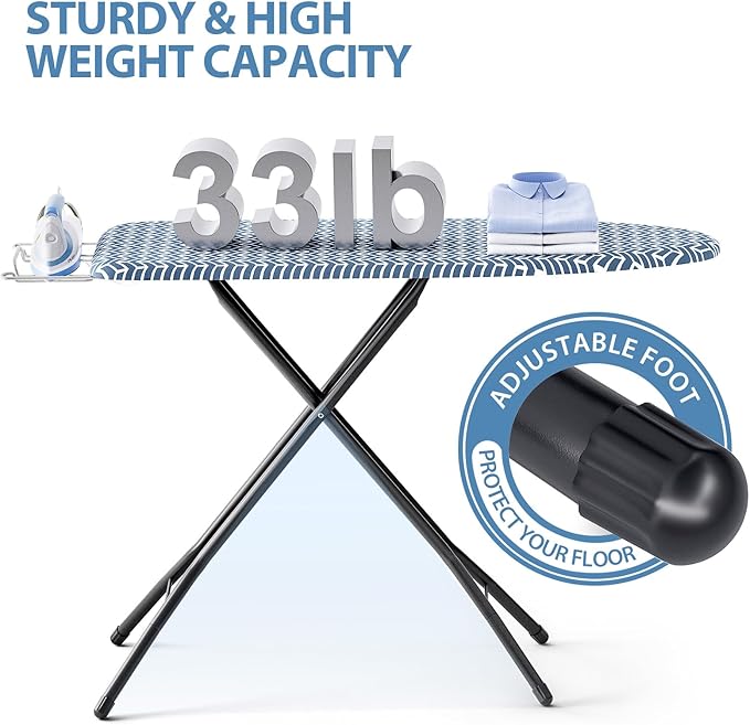 KINGBOARD Foldable Ironing Board Full Size, Iron and Ironing Board Set Standard Size, Iron Boards with Ironrest & Adjustable Height,Heavy Duty Iron Table Stand with Metal Legs &Thick Cover,43x13 Blue
