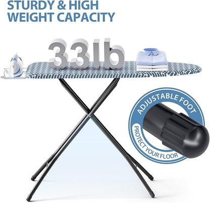 KINGBOARD Foldable Ironing Board Full Size, Iron and Ironing Board Set Standard Size, Iron Boards with Ironrest & Adjustable Height,Heavy Duty Iron Table Stand with Metal Legs &Thick Cover,43x13 Blue