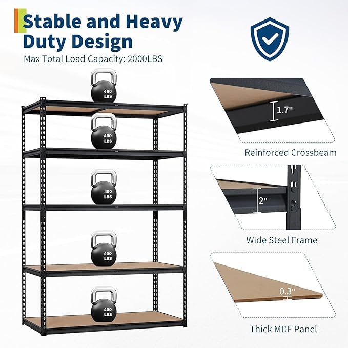 Heavy Duty Garage Storage Shelves, 5-Tier Metal Adjustable Shelving Unit, Storage Shelving with 2500 LBS Capacity for Kitchen Pantry Basement Bathroom Laundry, 36" l x 18" w x 72" h