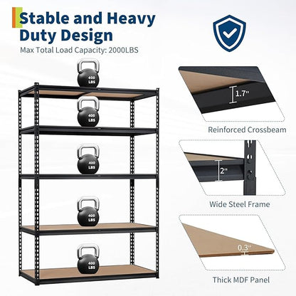 Heavy Duty Garage Storage Shelves, 5-Tier Metal Adjustable Shelving Unit, Storage Shelving with 2500 LBS Capacity for Kitchen Pantry Basement Bathroom Laundry, 36" l x 18" w x 72" h